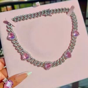 Silver and Pink Heart Cuban Necklace 16inch